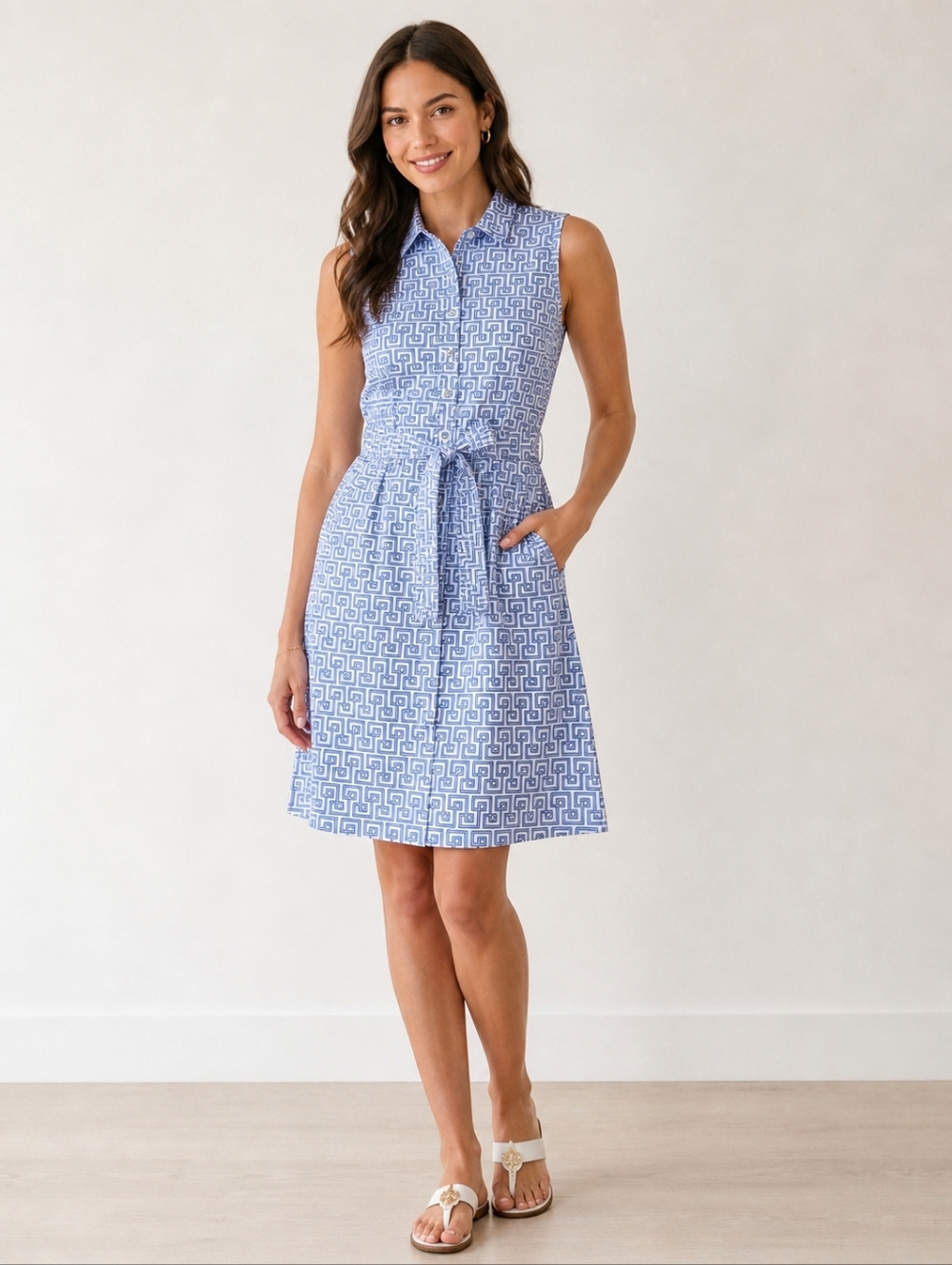 J. McLaughlin Sleeveless Blue Orla Geometric Midi Dress